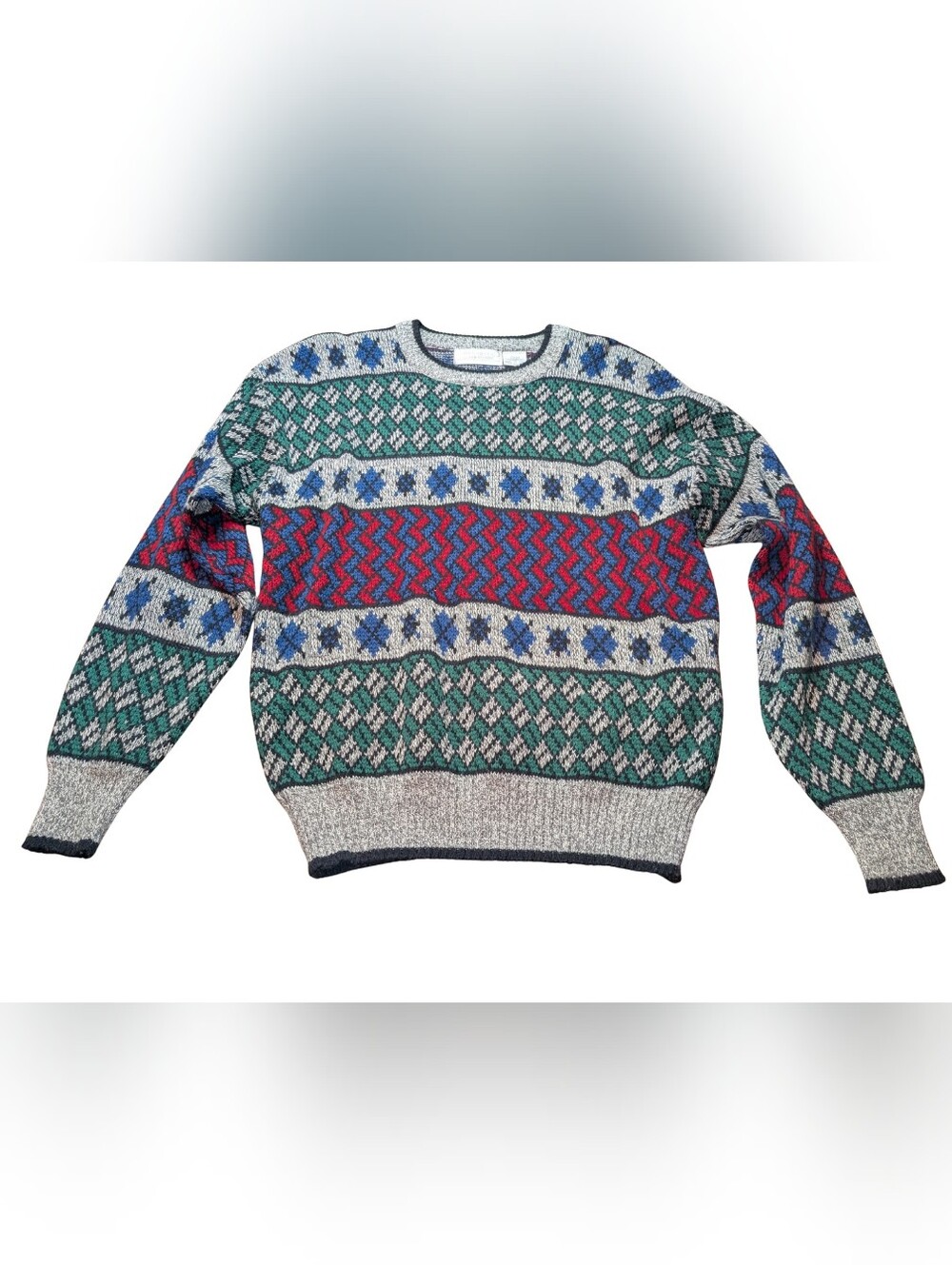Vintage Multicolor Patterned Crewneck Sweater - Red & Green